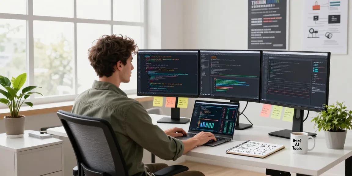 Developer coding in a modern workspace showcasing best AI tools on screens with natural lighting.