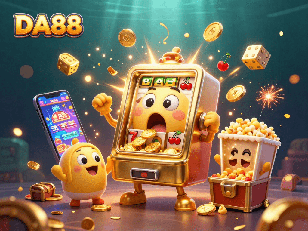 DA88 slot machine celebrates a jackpot win with coins pouring out amid vibrant casino elements.