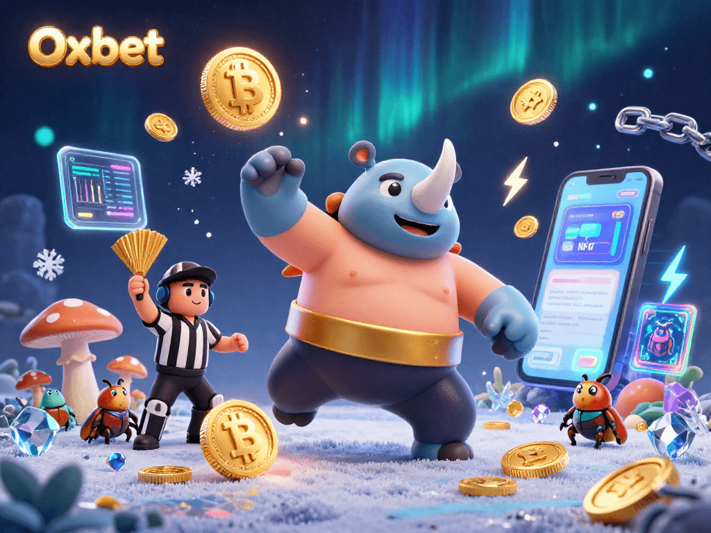 Experience the excitement of Oxbet with a dynamic 3D casino scene featuring vibrant characters and crypto elements.