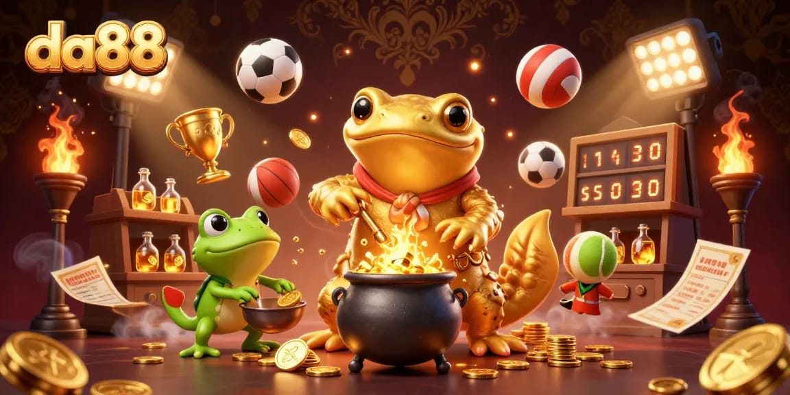 Engage with da88 through dynamic sports betting action featuring gold elements and lively characters.