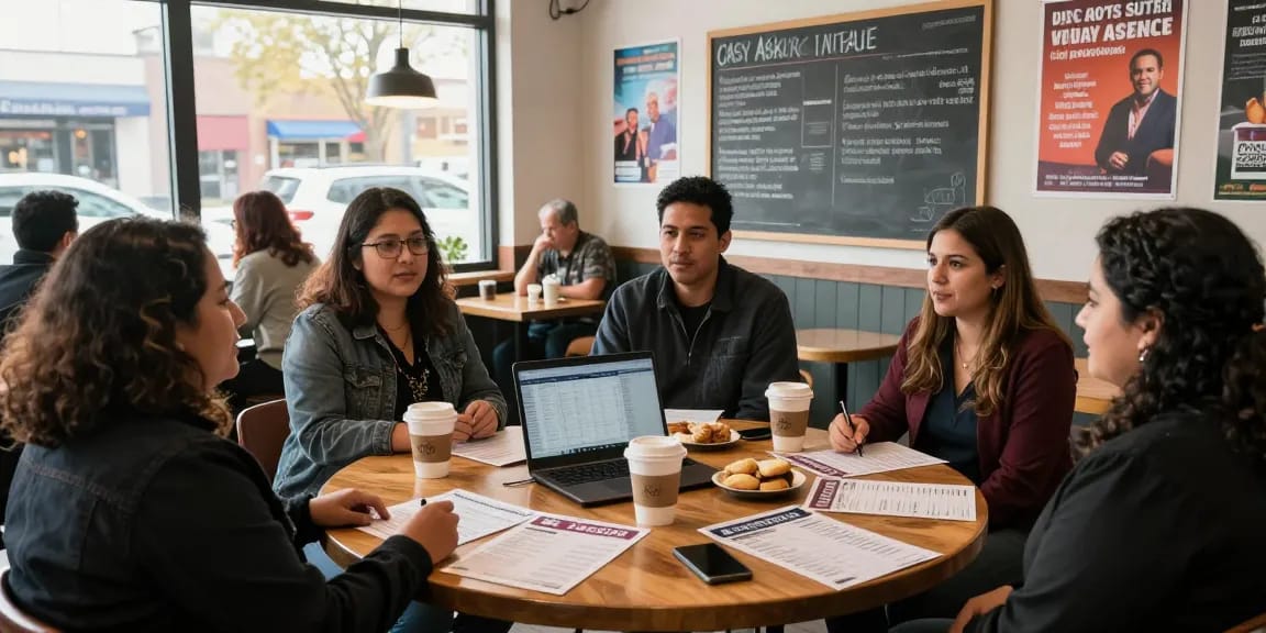 Community meeting with Casey Askar discussing campaign issues and engaging voters in a local coffee shop.
