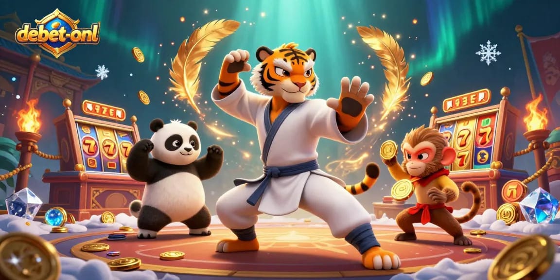 Engage in thrilling gameplay with debet-onl's fun-filled 3D casino scene featuring kung fu characters.