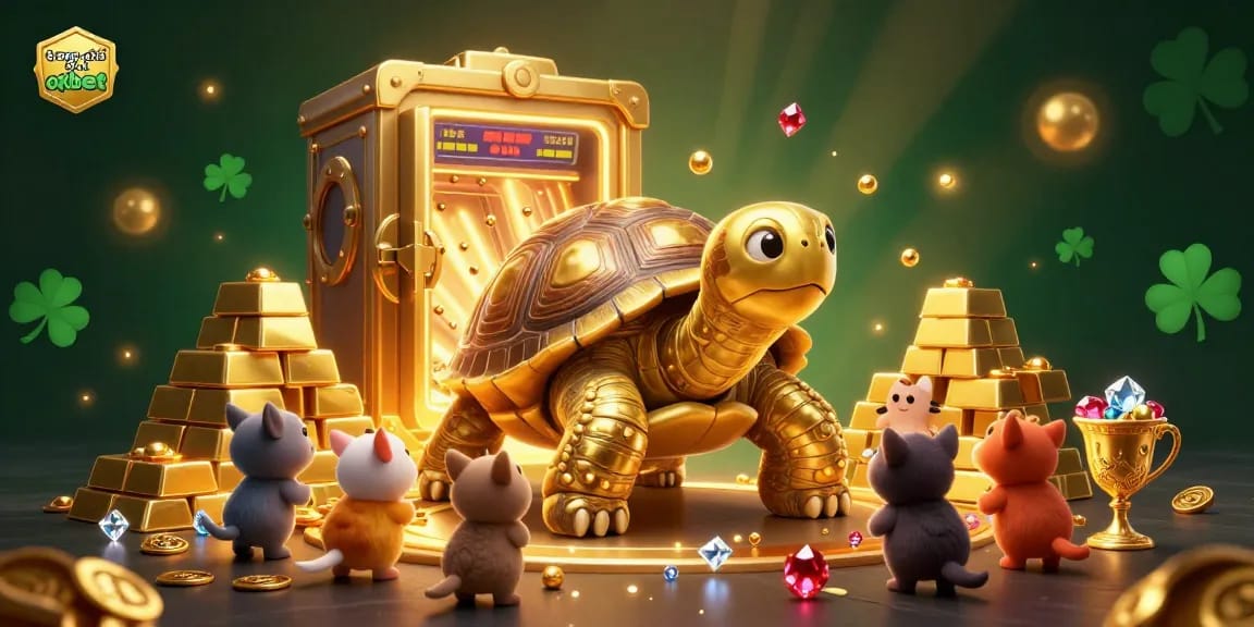 Engage with the exciting games at trang chủ oxbet with a lively casino scene featuring a colossal tortoise pinball machine.