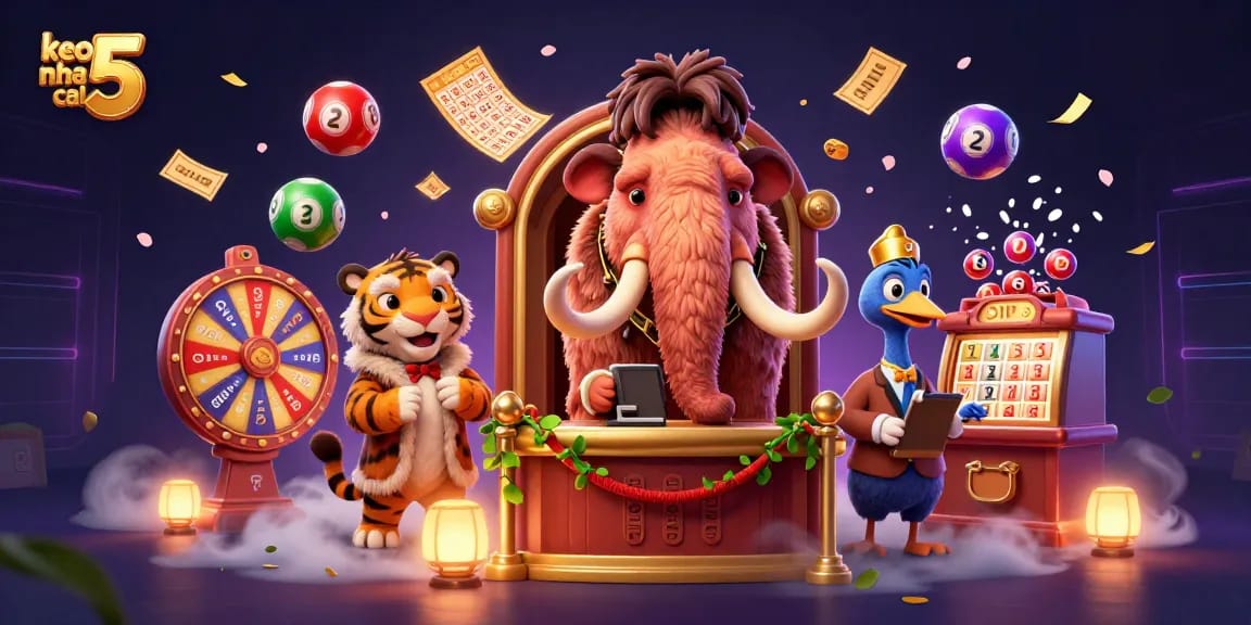 Experience exciting "keo nha cai 5" with colorful lottery elements and vibrant casino characters.