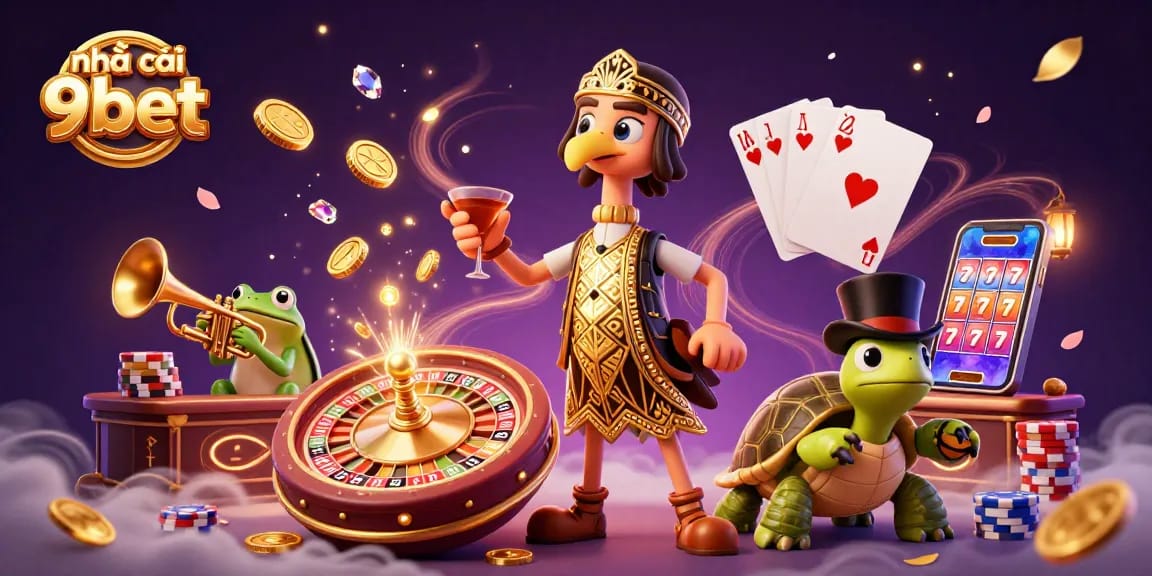 Engage with nhà cái 9bet through vibrant casino elements in a dynamic, 3D gambling scene.