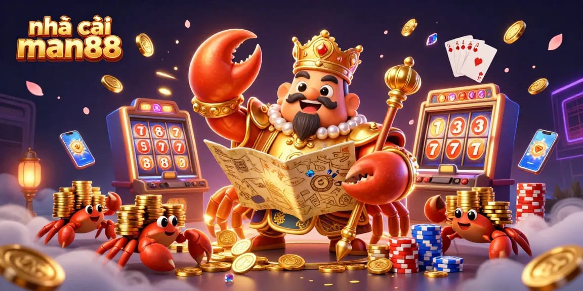 nhà cái man88 showcases a golden crab emperor amidst cascading coins and vibrant slot games
