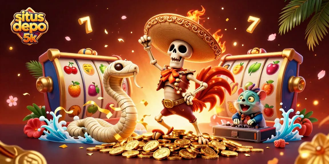 Experience excitement at situs depo 5k with vibrant 3D casino-themed digital illustration featuring lively characters.