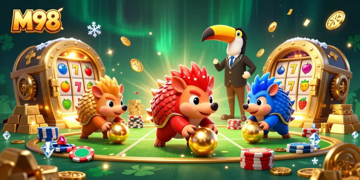 M98 pangolins compete in a vibrant casino scene filled with gold, gems, and poker chips.