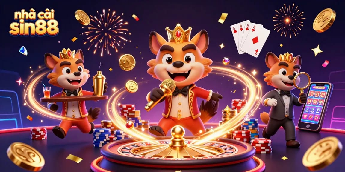 nhà cái sin88 features hyena comedians, bartenders, and bouncers in a festive casino scene