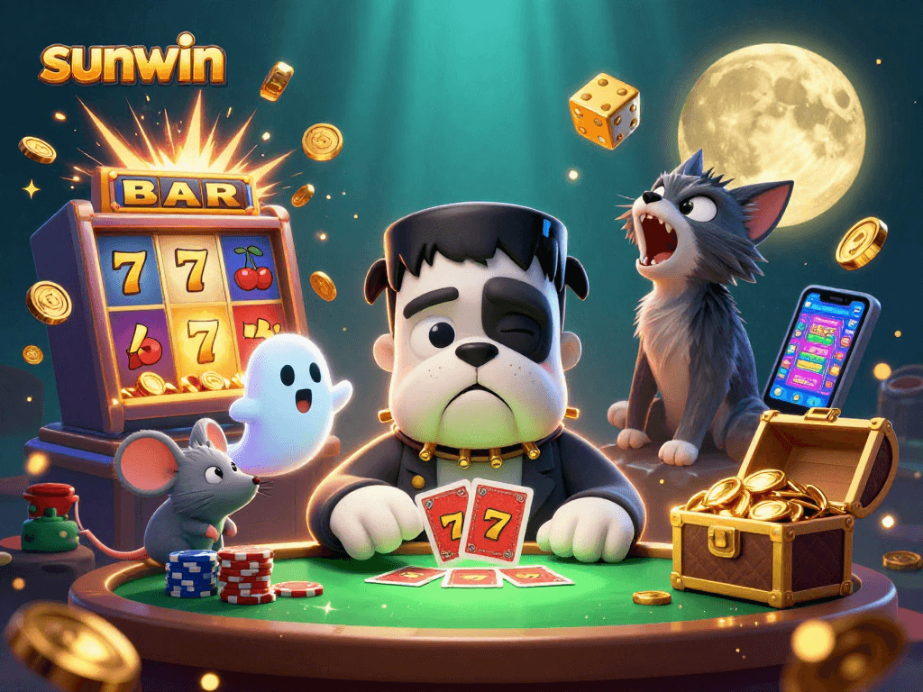 Experience the excitement of sunwin with a captivating 3D casino scene featuring lively characters and dynamic game elements.