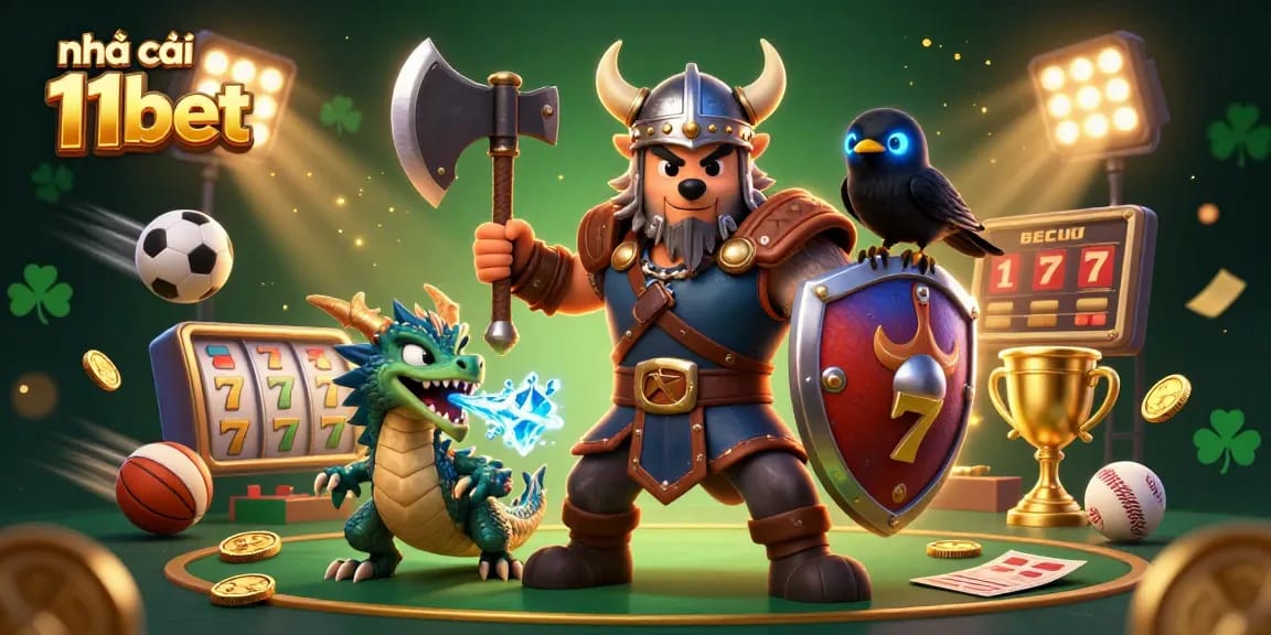 Engage with nhà cái 11bet's dynamic betting action featuring a Viking wolf warrior, dragon, and vibrant sports elements.