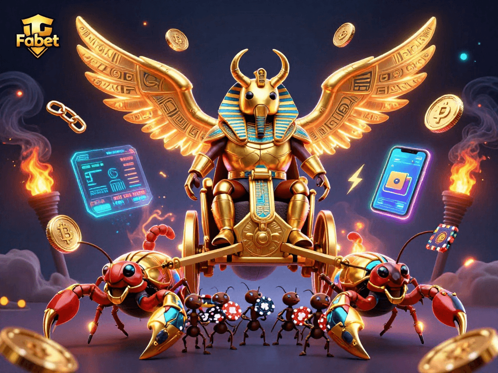Engage with Fabet's vibrant gaming world featuring a colossal golden scarab beetle in a dynamic casino scene.
