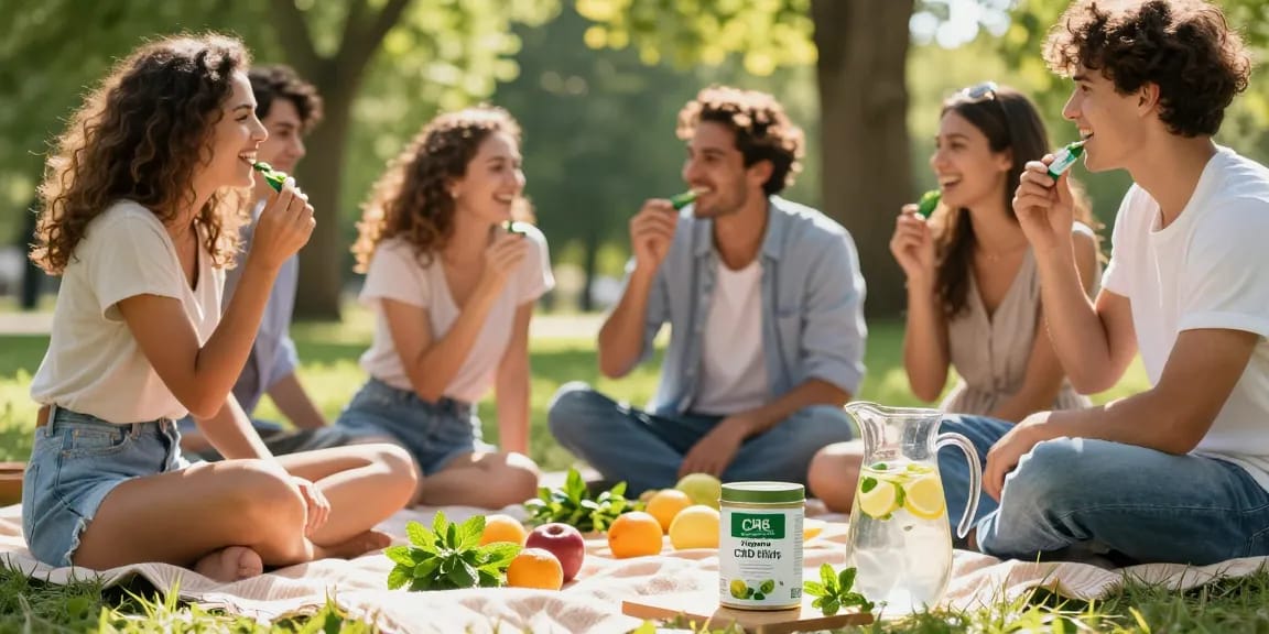 Friends enjoying cbd mints Canada during a sunny outdoor picnic, surrounded by fresh fruits.