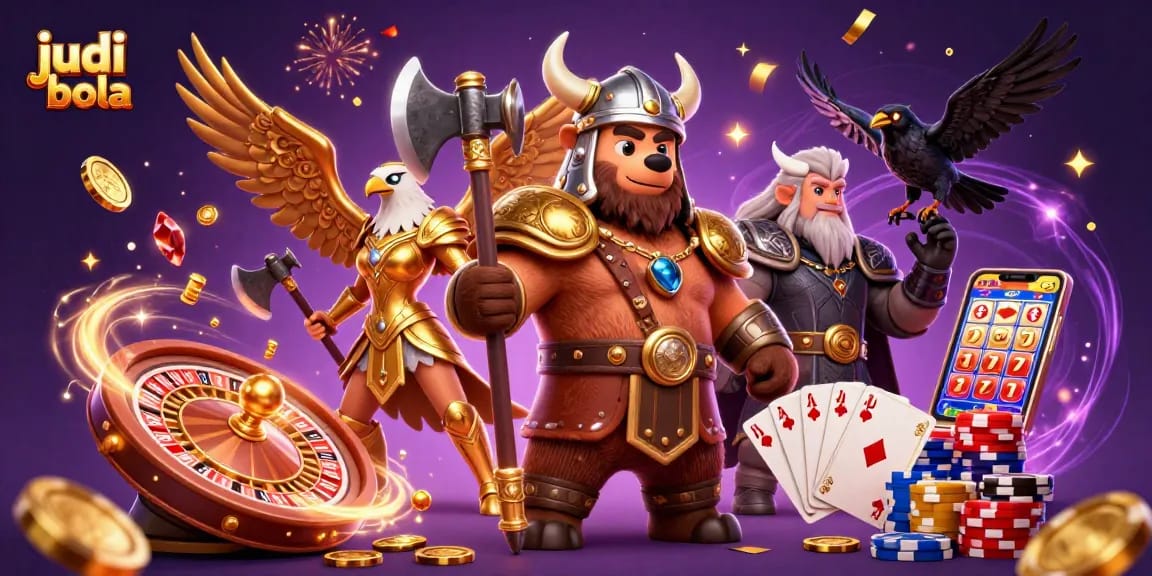 Experience thrilling judi bola with a Viking berserker and Valkyrie alongside casino symbols and golden coins.
