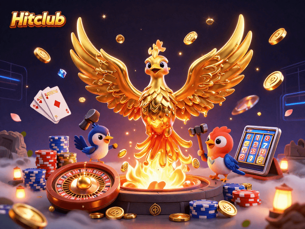 Experience the thrill of Hitclub with a golden phoenix and casino elements in a vibrant game scene.