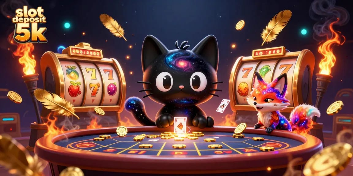 Engage with thrilling slot deposit 5k opportunities in this vibrant casino scene featuring a cosmic cat.