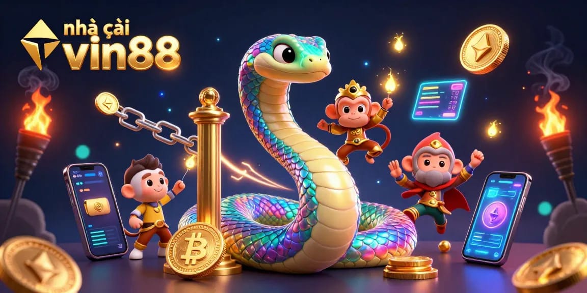 Engage with the vibrant world of nhà cái vin88 featuring playful characters and crypto elements in a dynamic casino scene.