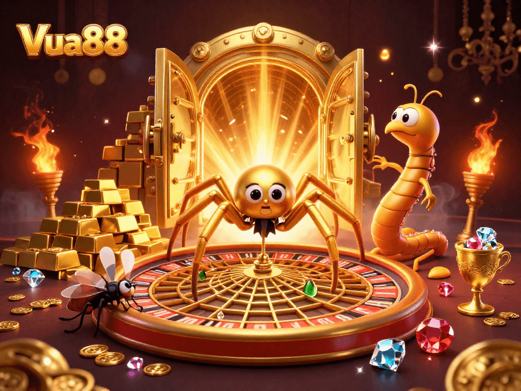 Engage with Vua88 as a golden spider spins a roulette web with treasures in a vibrant casino scene.