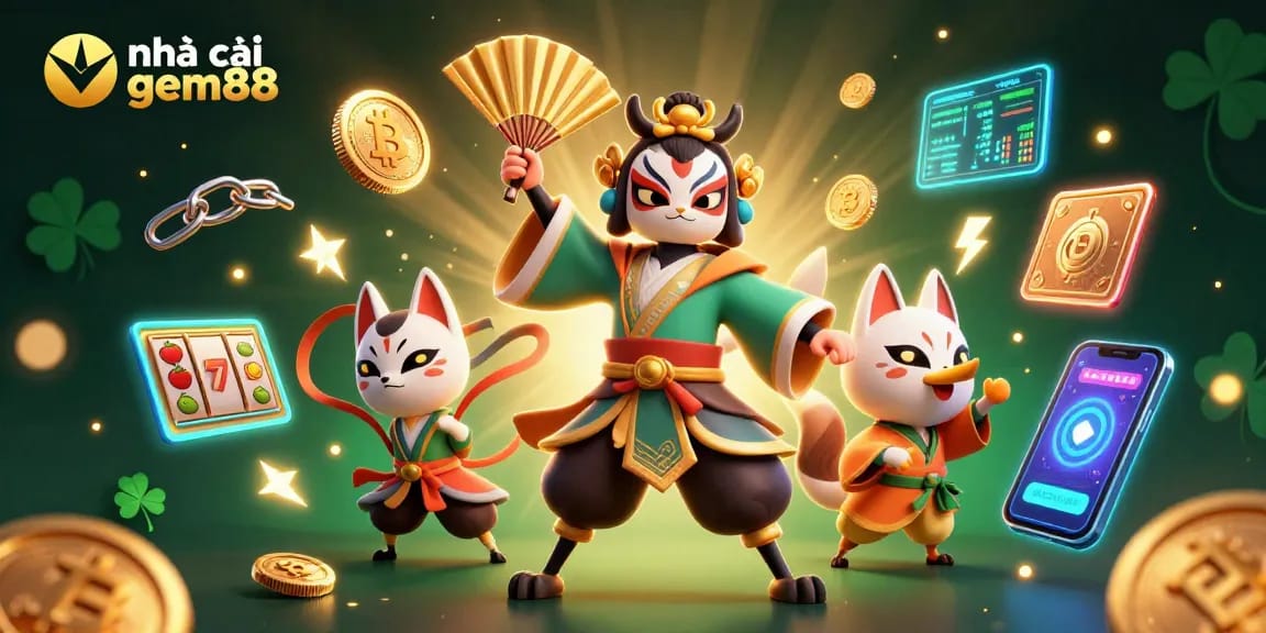 Experience the excitement of nhà cái gem88 with a vibrant 3D casino scene full of crypto elements.