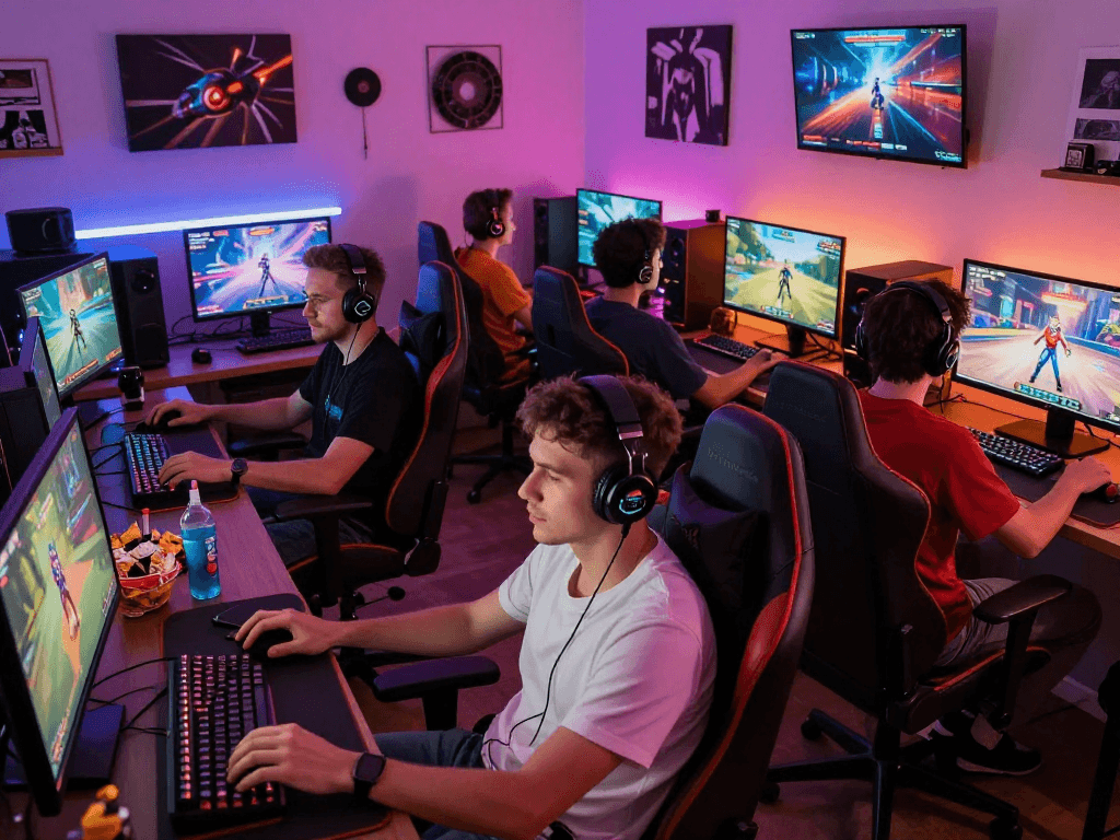 Group of gamers enjoying diverse porngames in a vibrant gaming setup with dynamic displays and snacks.