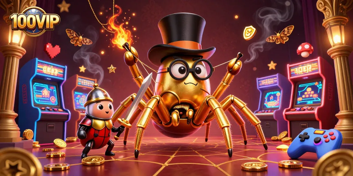 Engage in thrilling gameplay at 100VIP, featuring a golden tarantula and beetle knight in a vibrant casino.