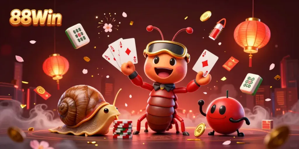 Experience thrilling gameplay at 88Win with our vibrant 3D casino scene featuring dynamic characters and festive elements.