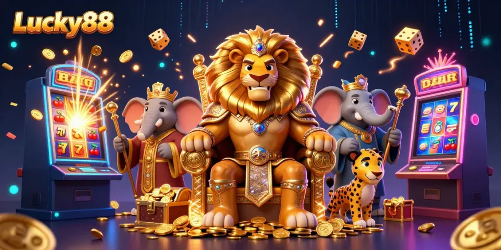 Engage in thrilling gameplay at Lucky88 with an exciting 3D casino scene highlighting vibrant slot machines, charming characters, and jackpot elements.