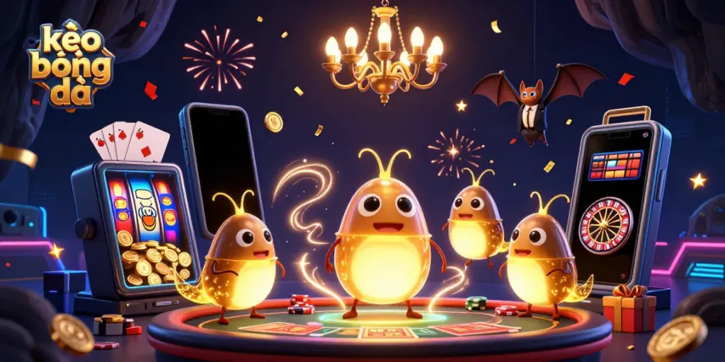 Experience captivating kèo bóng đá action in a vibrant casino illuminated by glowworms and a bat dealer.