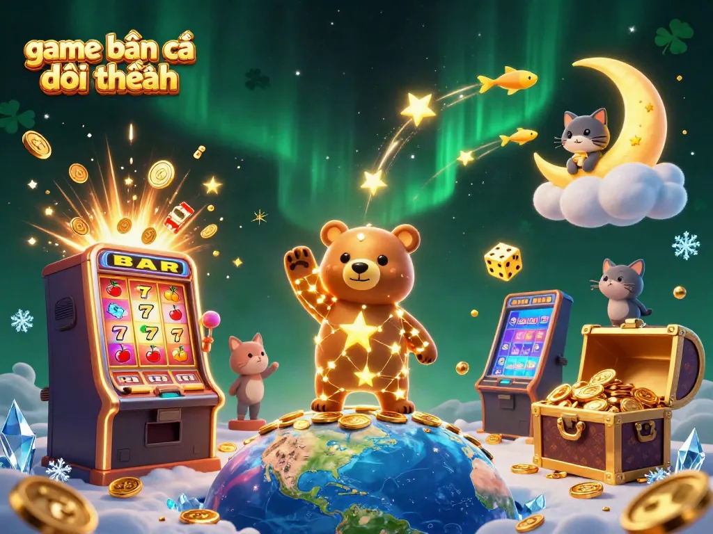 Experience the excitement of game bắn cá đổi thưởng with a colorful 3D illustration featuring vibrant underwater elements and gaming symbols.