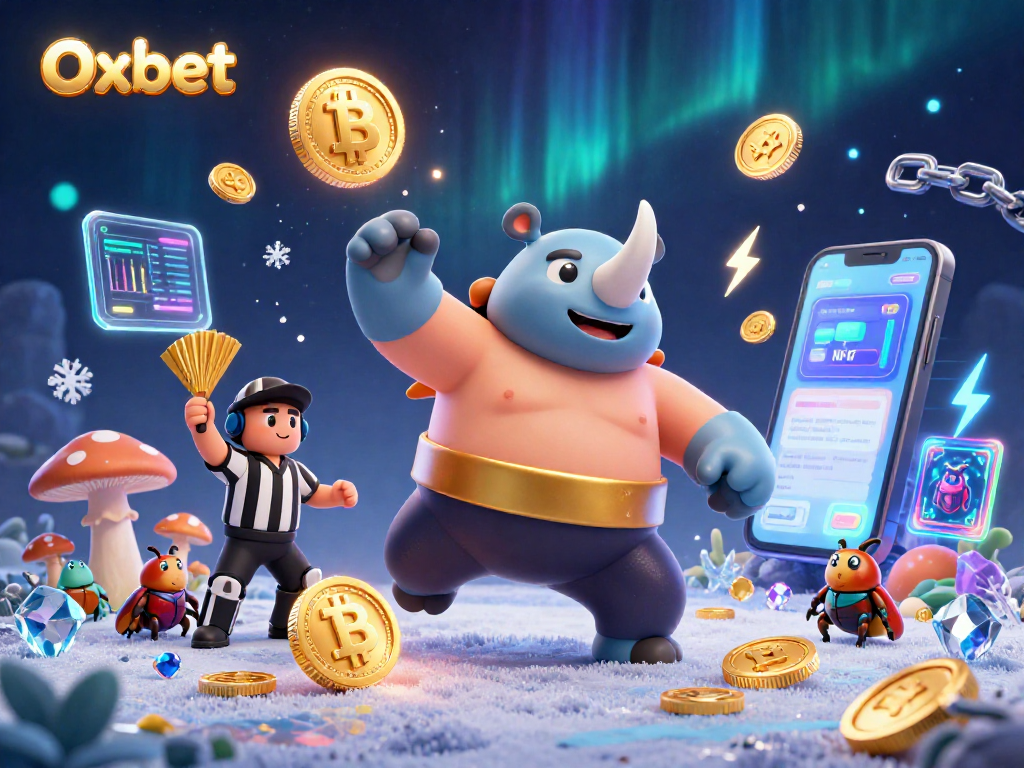Experience the excitement of Oxbet with a dynamic 3D casino scene featuring vibrant characters and crypto elements.