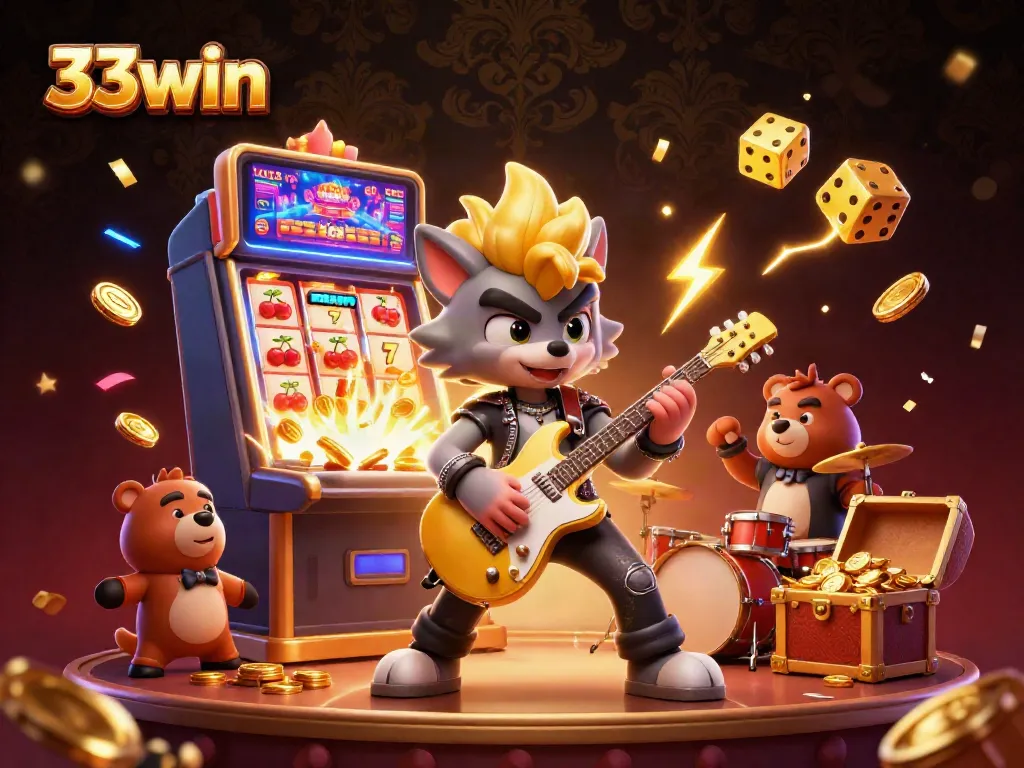 33win's thrilling gaming action with energetic characters and jackpot excitement bursting forth.