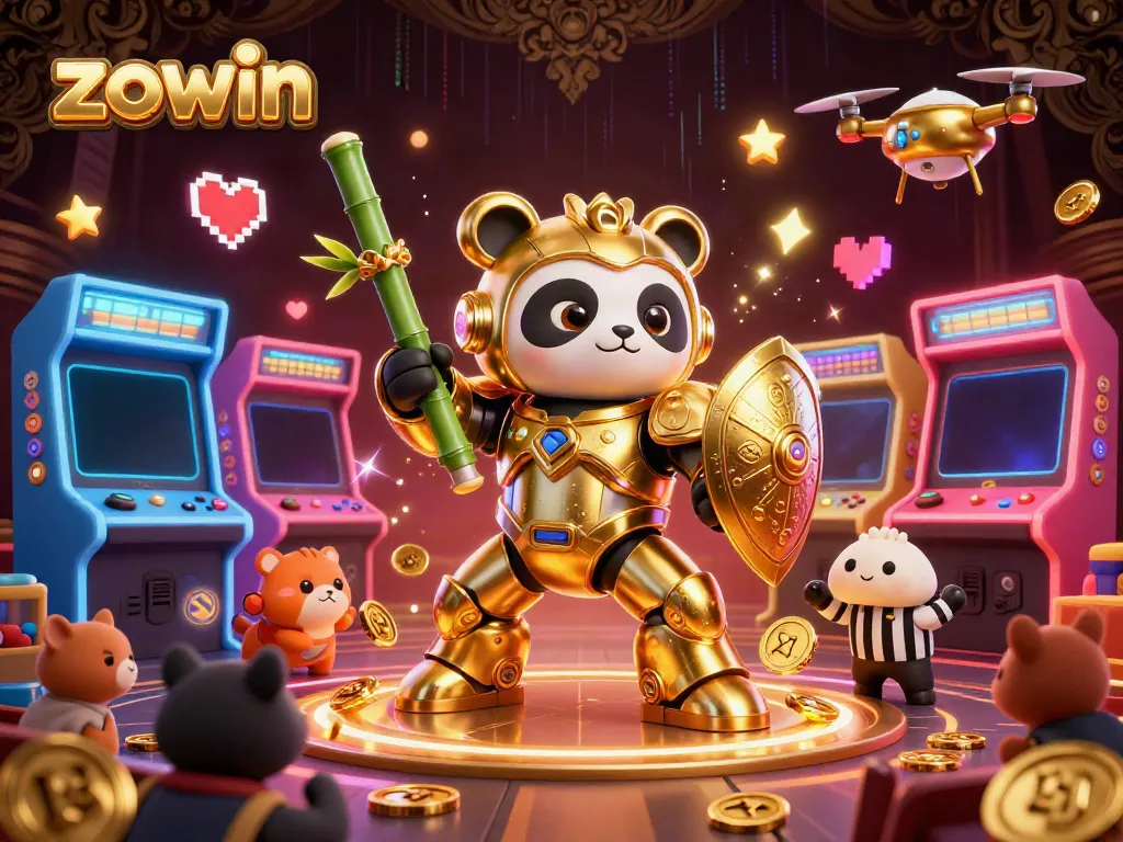 Engage with the zowin gaming experience featuring a golden panda mech and dynamic casino scene.