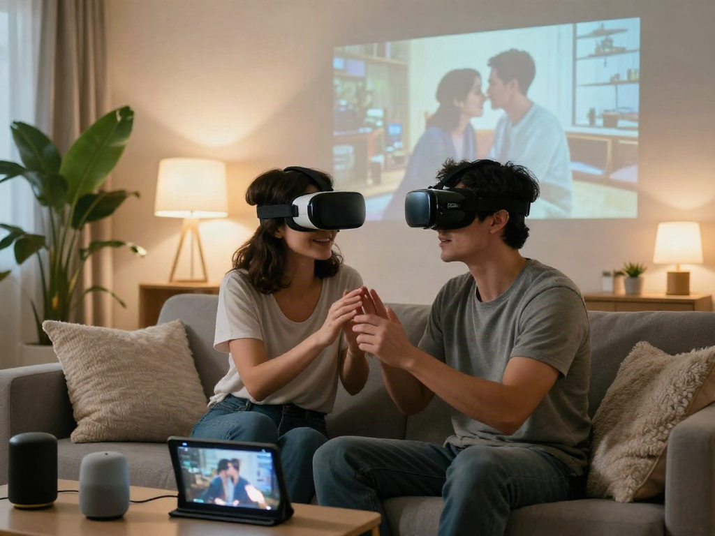 Couple exploring ai sex technologies in a cozy home setting.