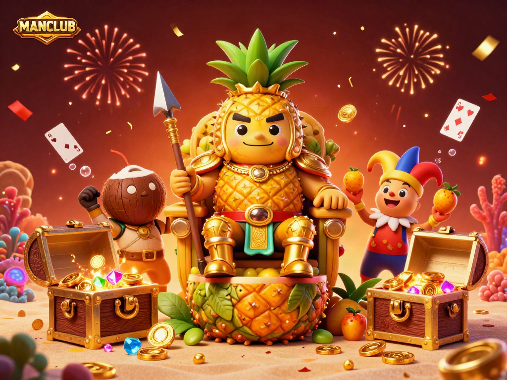 Engage in the MANCLUB beach casino adventure with vibrant characters and exciting treasure elements.