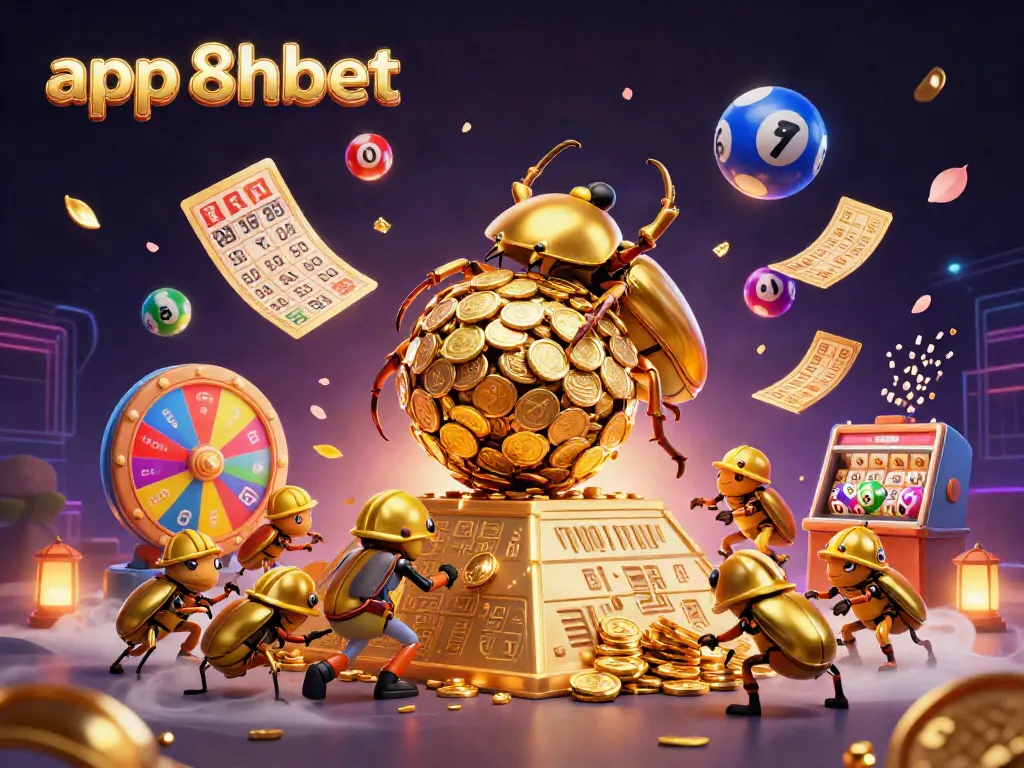 Engage with app 8xbet through a vibrant casino scene featuring golden beetles and dynamic lottery elements.