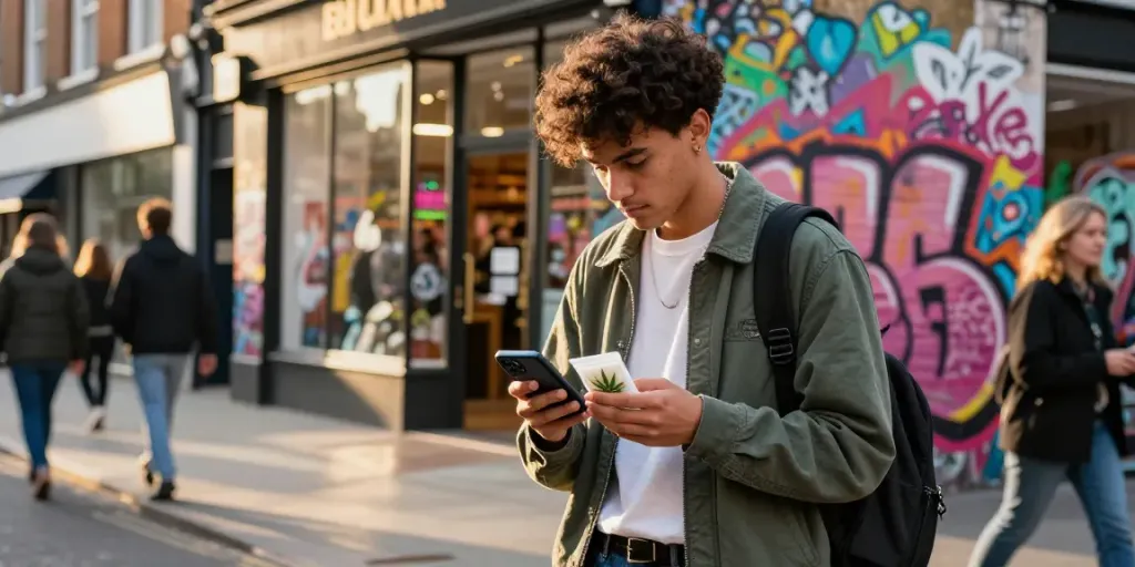 Best cannabis delivery service in urban London, showcasing discreet packages and vibrant city life.