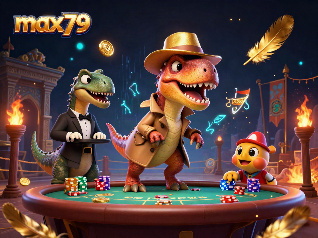 max79 velociraptor card counter sneaks chips at a vibrant blackjack table scene filled with gambling elements.
