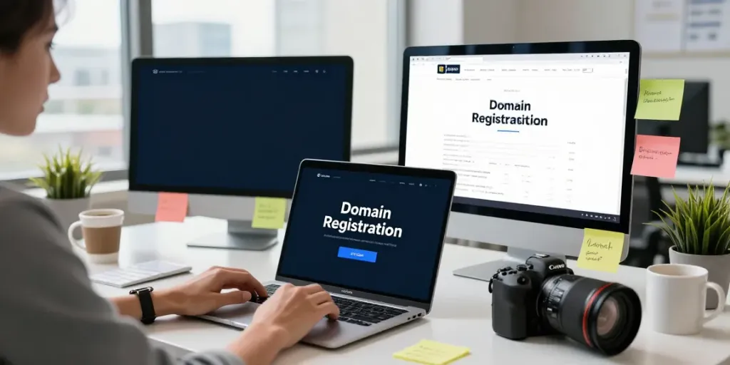 Buying a domain name in a modern office workspace with tech elements.