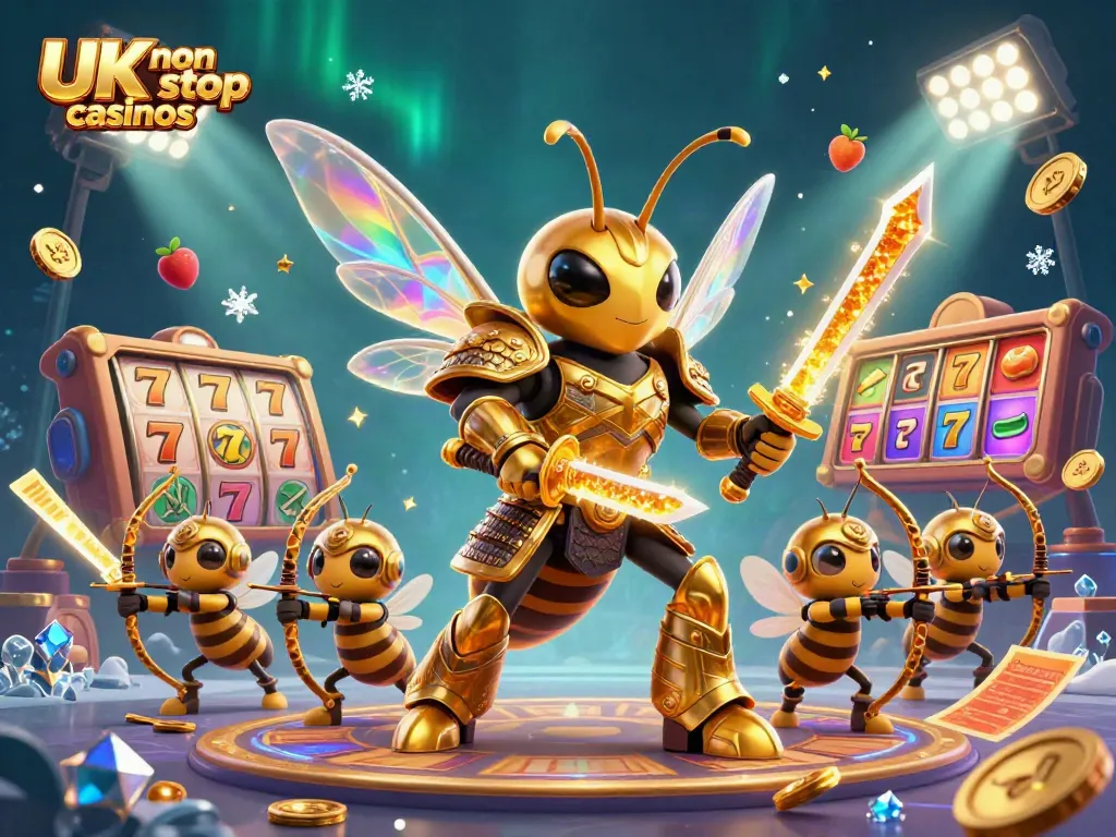 Engage with UK non gamstop casinos through a vibrant 3D illustration of a samurai hornet and gaming elements.