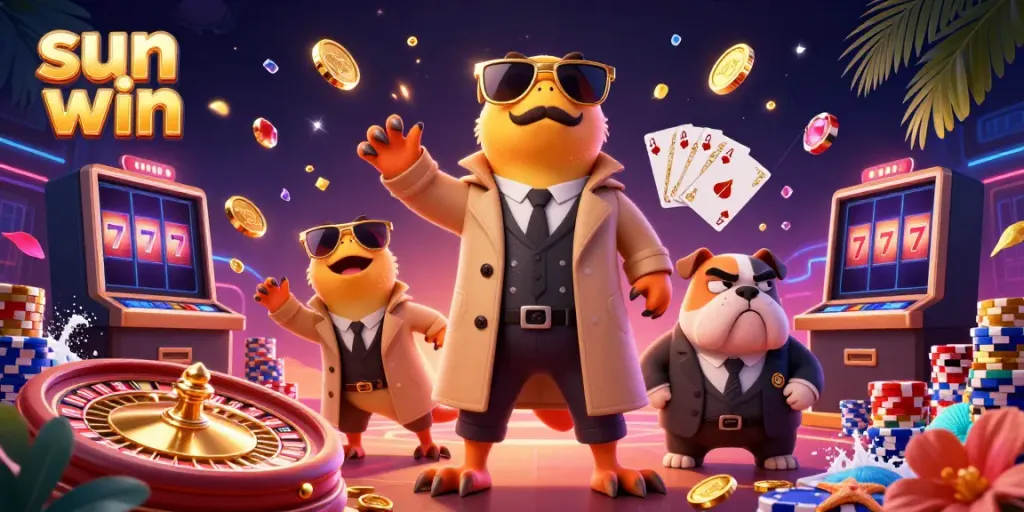 Win big at sun win casino with a fun scene of raptors in disguise at a VIP lounge.