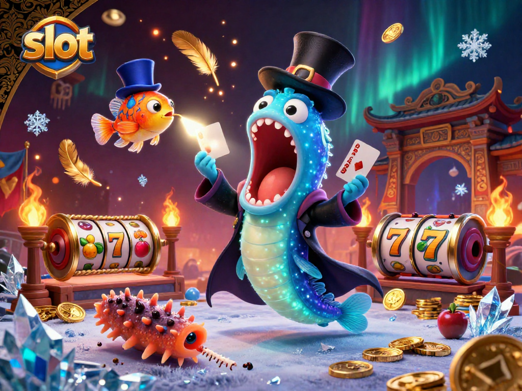 Engaging scene featuring slot elements with a bioluminescent eel performing magic tricks in a casino.