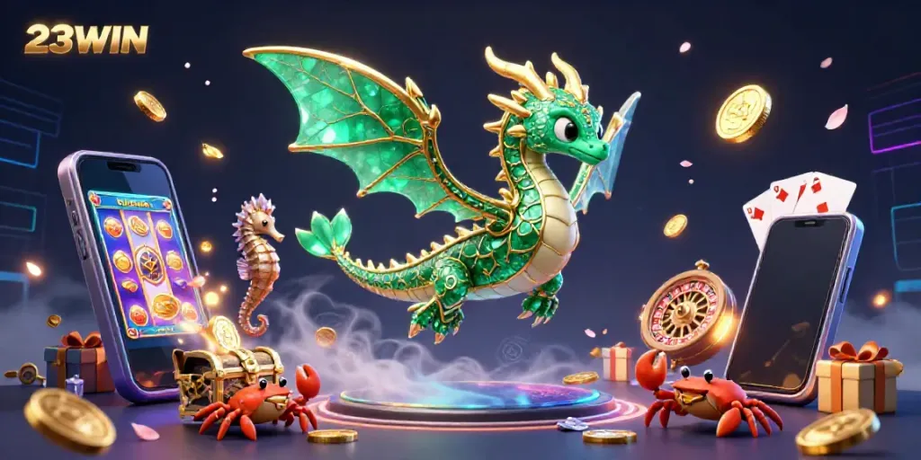 Engage with online gaming excitement at 23WIN, featuring a vibrant 3D sea dragon surrounded by casino elements.