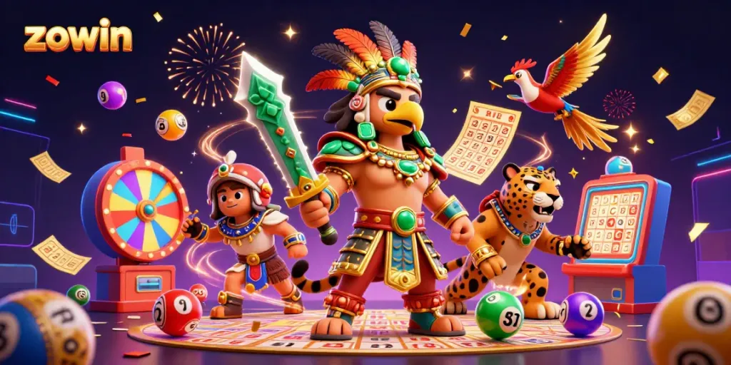 Zowin features an Aztec warrior and jaguar celebrating with colorful lottery elements in an energetic casino scene.