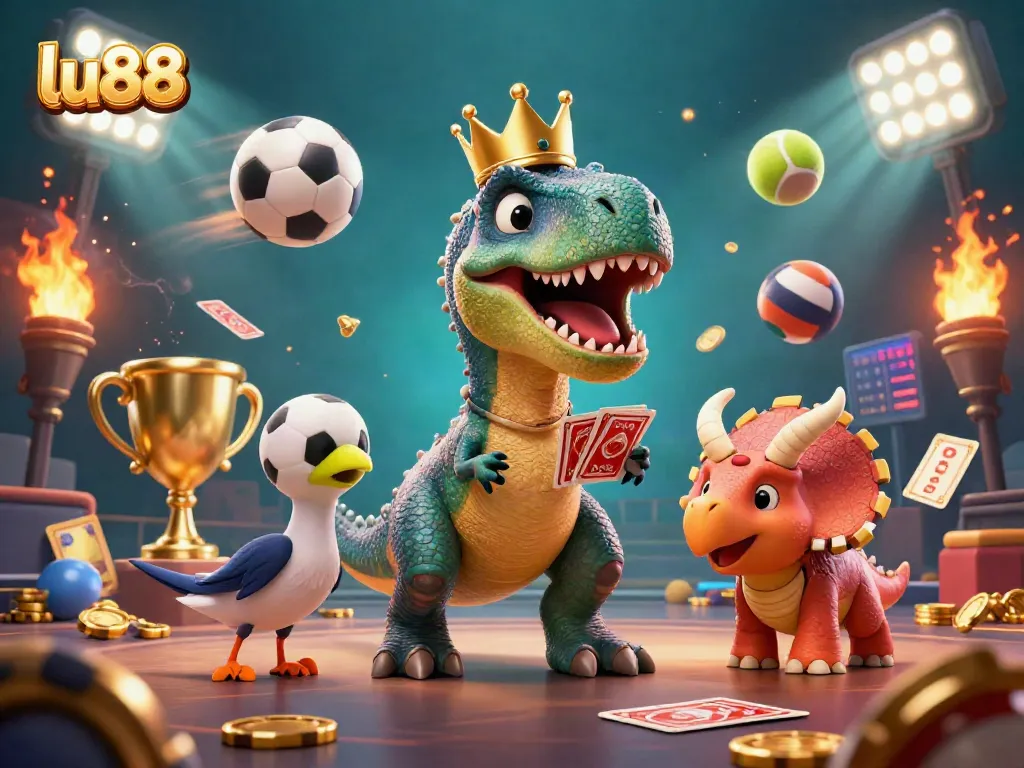 Engage with lu88's vibrant gambling scene featuring a T-Rex, sports elements, and golden chips.