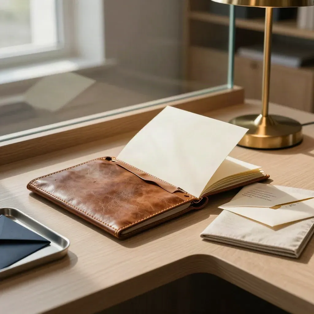 Warm HR advisory corner with folder, notebook, lamp base and sealed envelope on oak