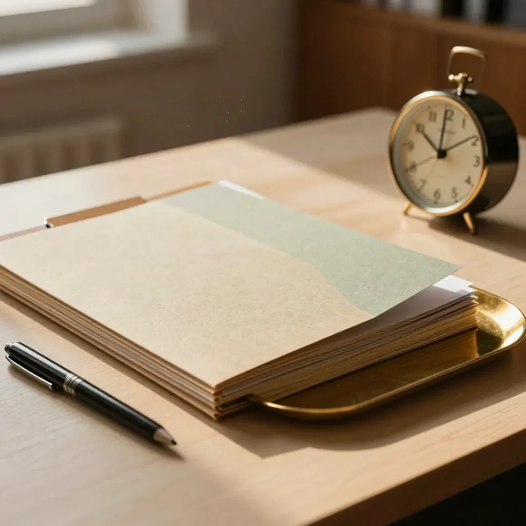 Hiring folders, turned-over shortlist cards, brass tray and desk clock on pale wood.