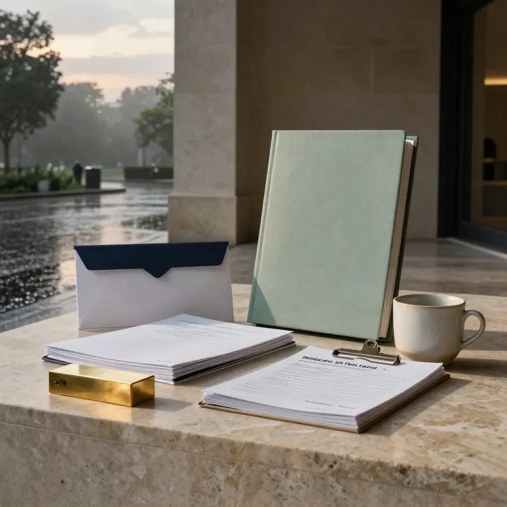 HR consultancy still life with folders, handbook, envelope and cup on pale stone in evening mist