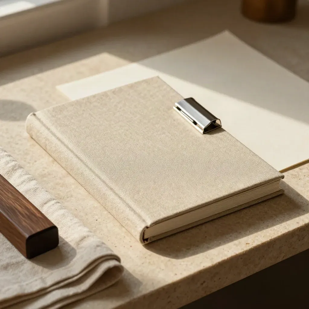 Handbook drafting bundle on a stone binding bench with linen cover, dividers, proofs, and clip.