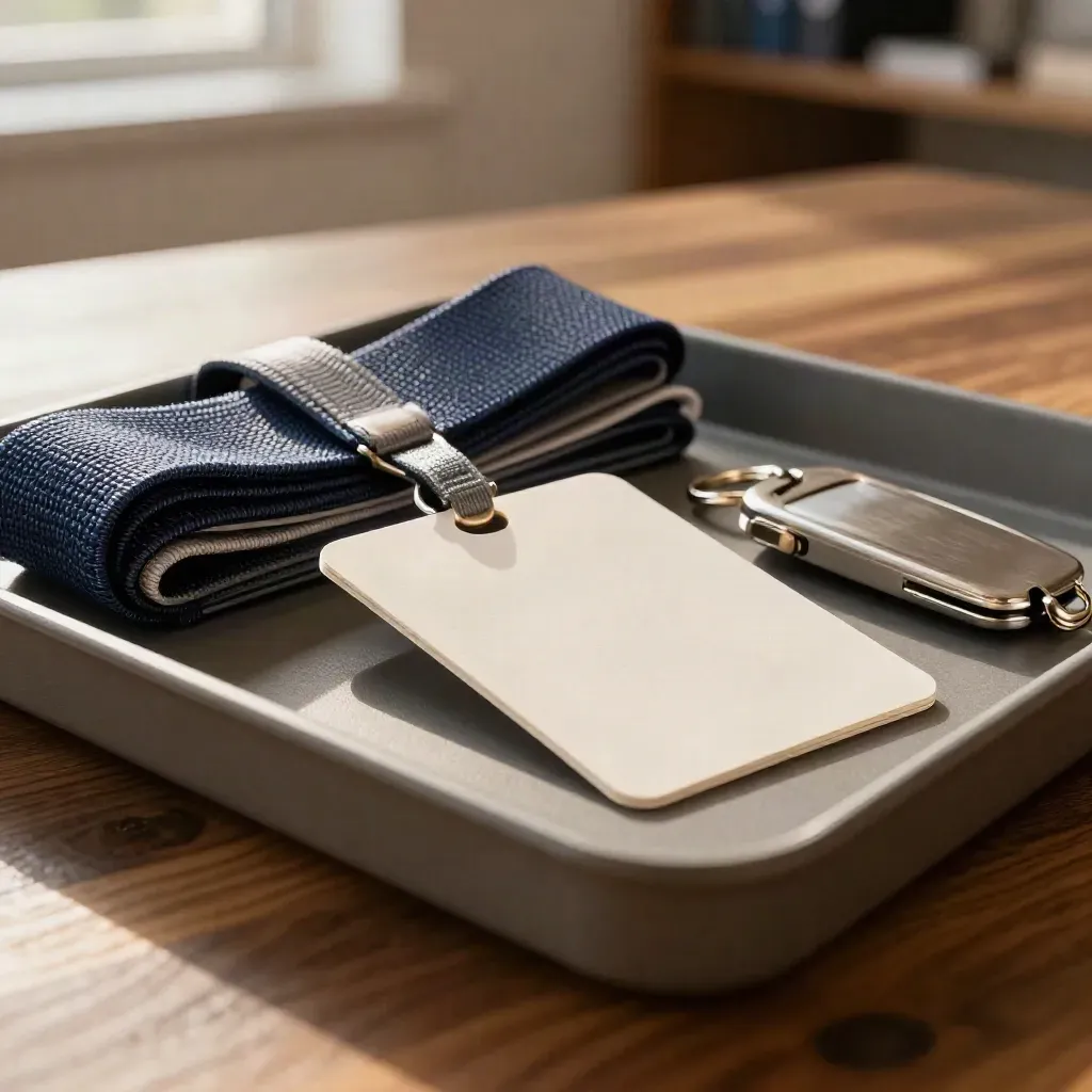 Extreme macro of onboarding kit items settling into a tray on a walnut counter.
