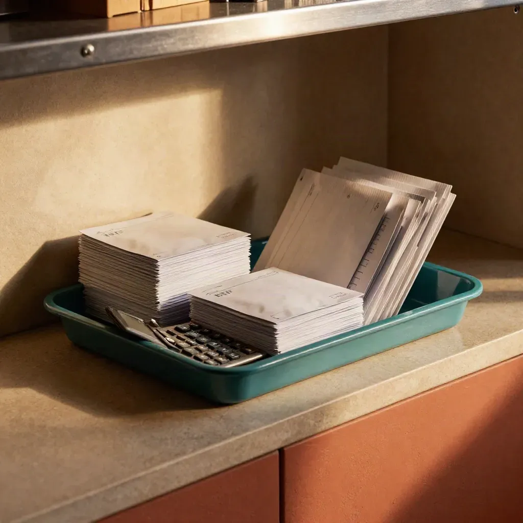 Payroll liaison tray with calculator, sealed packs and dividers in a moody HR alcove.